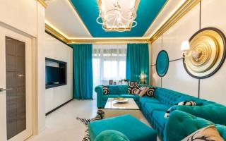 Tende turchesi: una panoramica dei vantaggi degli interni e le migliori combinazioni di design (115 idee fotografiche) Tende per il soggiorno color turchese